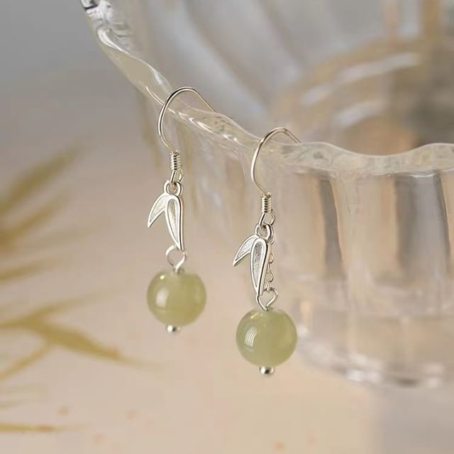 Leaf Faux Gemstone Bead S925 Sterling Silver Dangle Earring SpreePicky