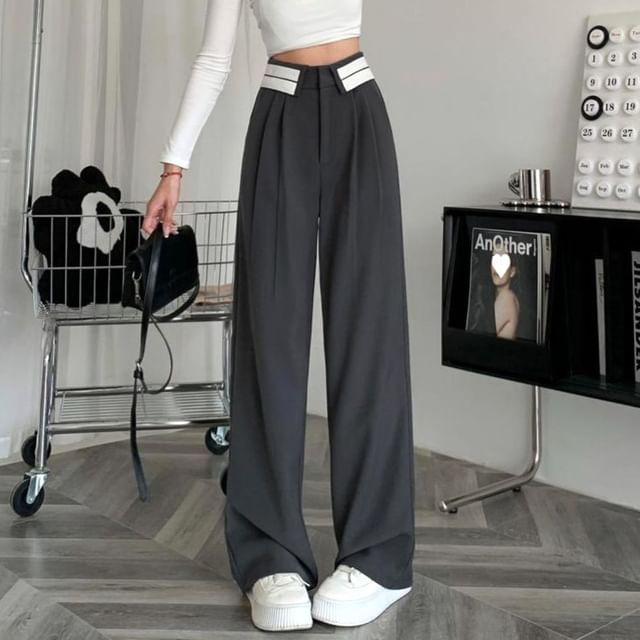 Pleated Pants Wide High Leg Suit Striped Waist FashionChic