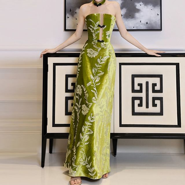 Strapless Floral Embroidered A-Line Evening Gown FashionChic