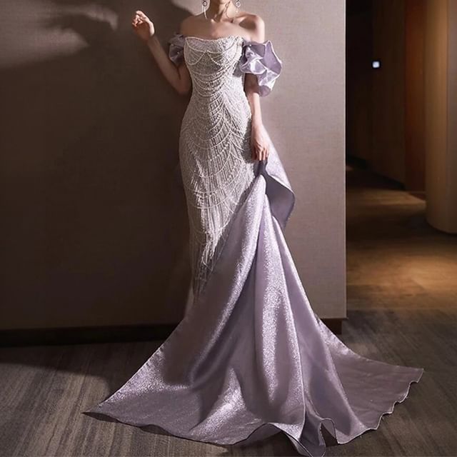 Off Shoulder Ruffle Sleeve Sequin Mermaid Evening Dress FashionChic