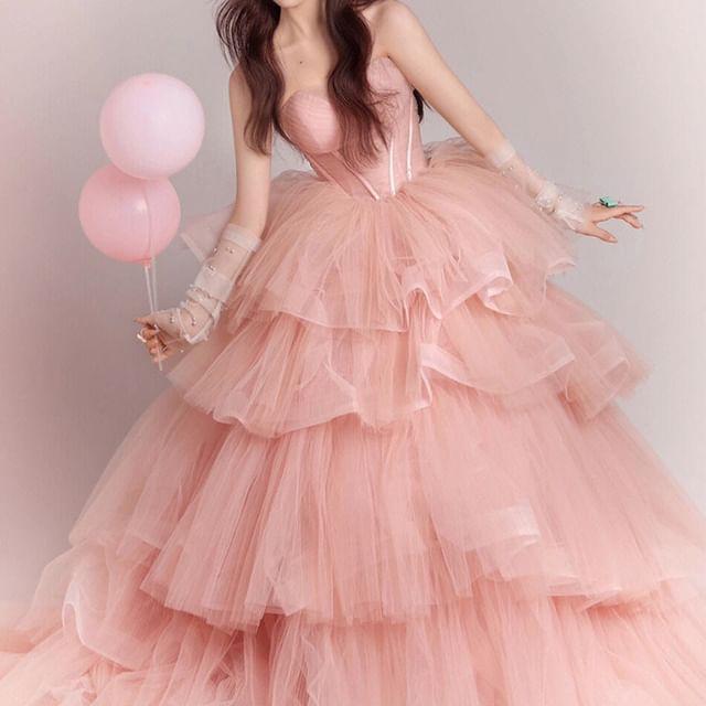 Strapless Tiered Tulle Evening Ball Gown FashionChic