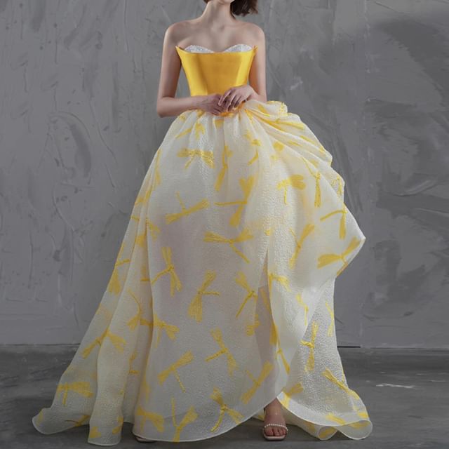 Strapless Floral Print A-Line Evening Gown FashionChic