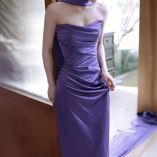 Strapless Plain Ruched Midi Sheath Dress FashionChic