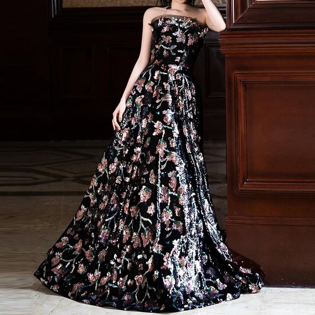 Strapless Floral A-Line Evening Gown FashionChic