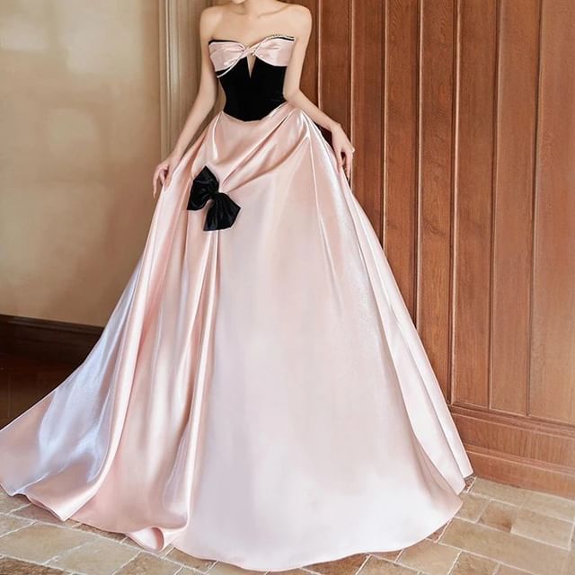 Strapless Bow Two Tone A-Line Evening Dress FashionChic