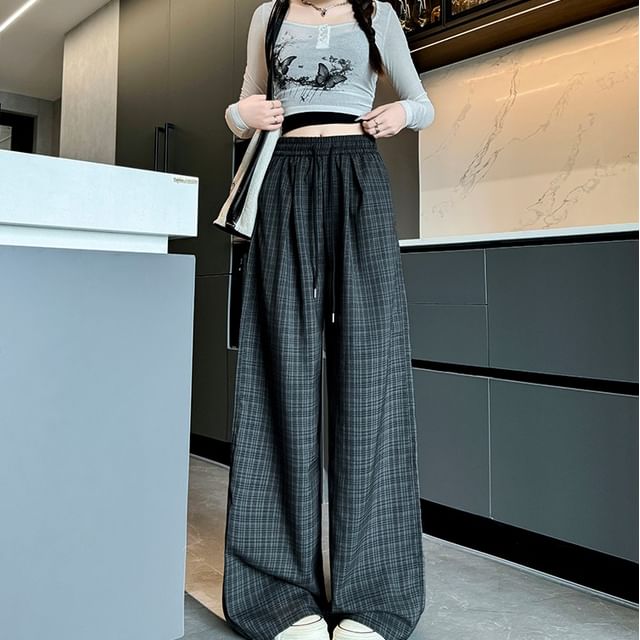 Plaid High Waist Drawstring Wide Leg Pants SpreePicky