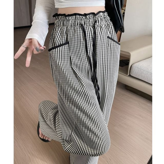 Contrast Panel Pocket Drawstring High Waist Wide Leg Pants SpreePicky