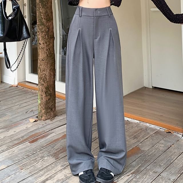 High Rise Plain Loose-Fit Wide-Leg Pants SpreePicky