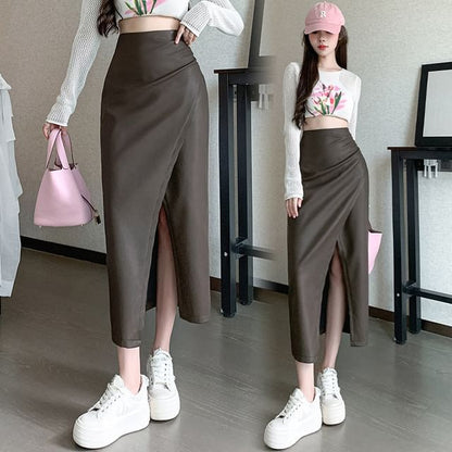 High Rise Plain Faux Leather Slit Midi Pencil Skirt SpreePicky