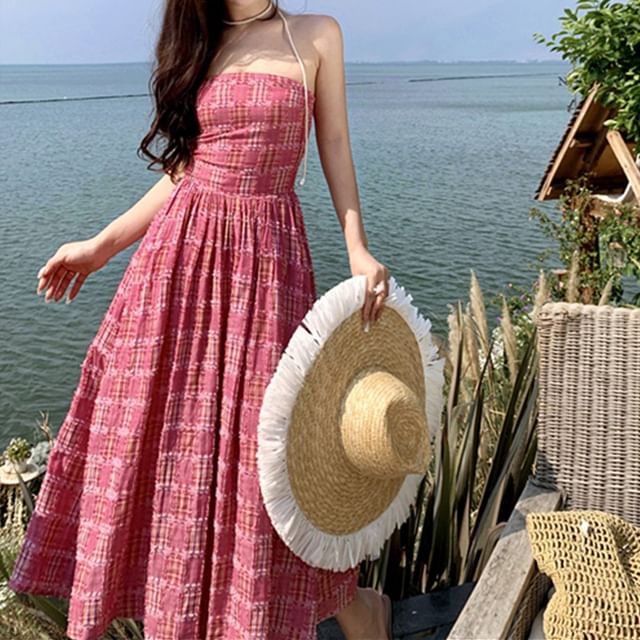 Strapless A-Line Maxi Dress Plaid FashionChic