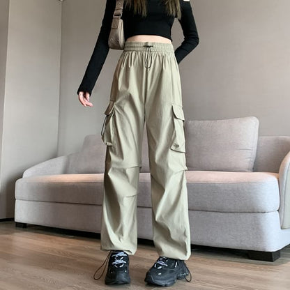 High Rise Plain Pocket Straight-Fit Wide-Leg Pants SpreePicky