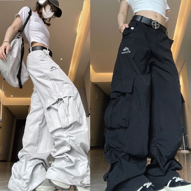 High Waist Plain Pocket Loose-Fit Wide-Leg Cargo Pants SpreePicky