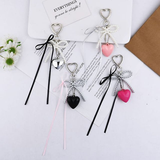 Heart Bow Faux Pearl Resin Bag Charm Keyring SpreePicky