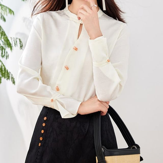 Diagonal Button Plain Cutout Blouse mySite