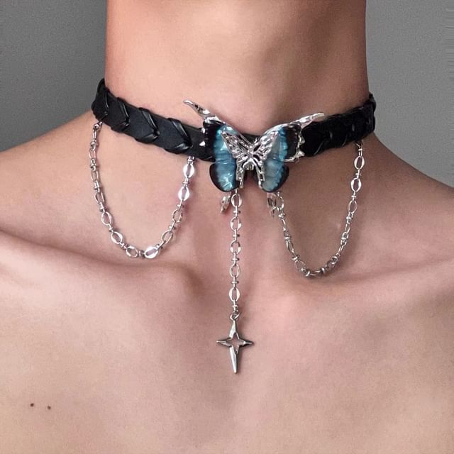 Butterfly Alloy Faux Leather Choker SpreePicky