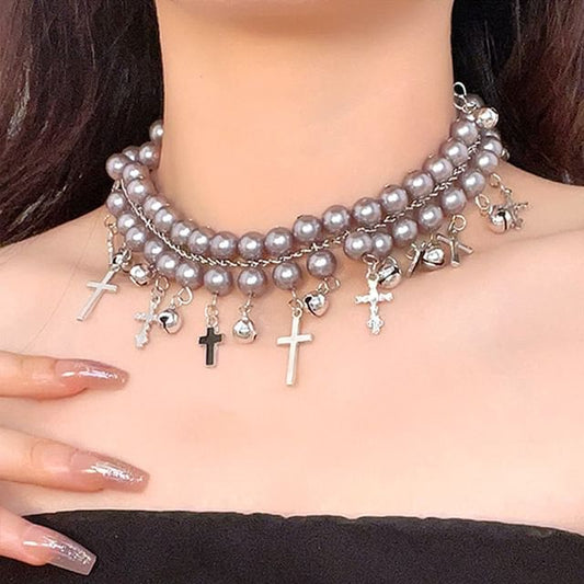 Cross Faux Pearl Choker / Layered Faux Pearl Choker SpreePicky