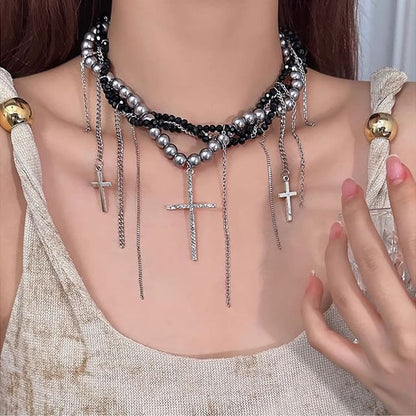 Cross Faux Pearl Choker / Layered Faux Pearl Choker SpreePicky