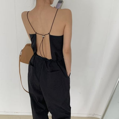 Spaghetti Strap Plain Backless Tie Up Jumpsuit SpreePicky