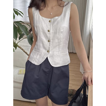 Scoop Neck Button Cropped Vest SpreePicky