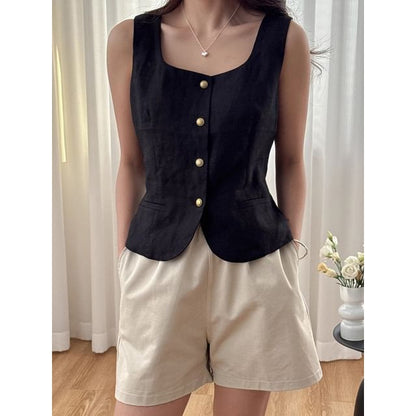 Scoop Neck Button Cropped Vest SpreePicky