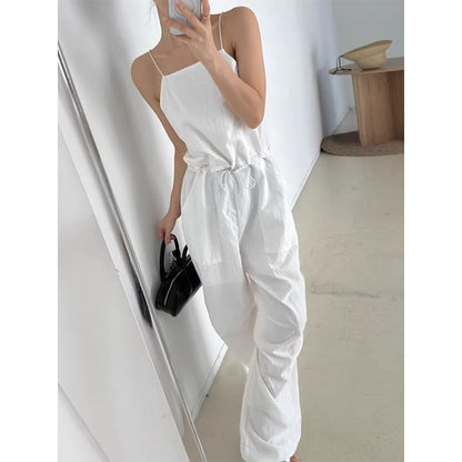 Spaghetti Strap Plain Backless Tie Up Jumpsuit SpreePicky