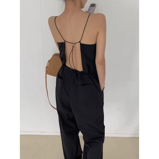 Spaghetti Strap Plain Backless Tie Up Jumpsuit SpreePicky