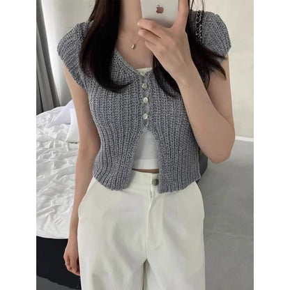 Short Sleeve V-Neck Button Up Cropped Cardigan SpreePicky