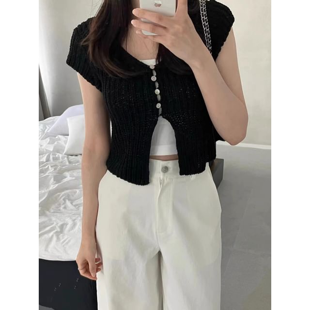 Short Sleeve V-Neck Button Up Cropped Cardigan SpreePicky