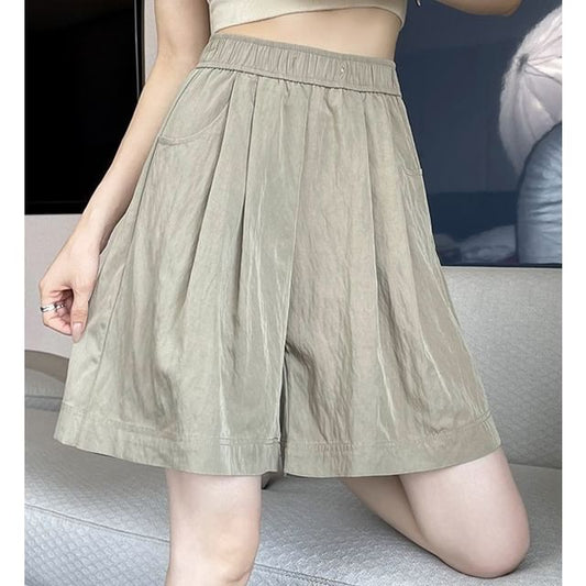 High Rise Plain Wide Leg Pocketed Shorts SpreePicky