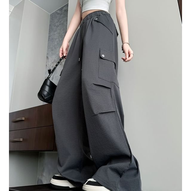 High Waist Pocketed Drawstring Wide Leg Parachute Cargo Sweatpants SpreePicky