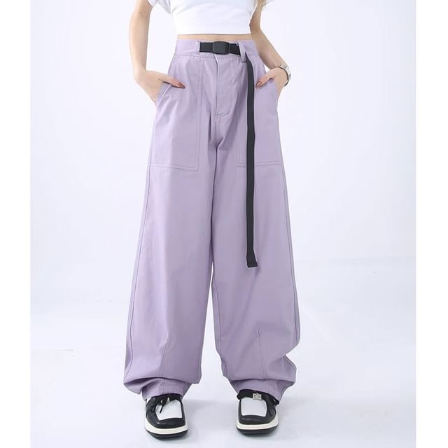 High Rise Buckle Accent Plain Straight-Fit Wide-Leg Cargo Pants SpreePicky