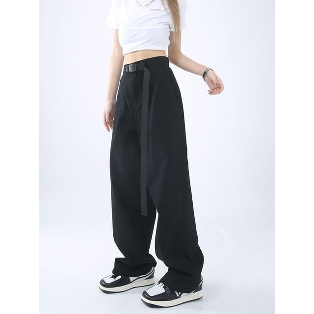 High Rise Buckle Accent Plain Straight-Fit Wide-Leg Cargo Pants SpreePicky