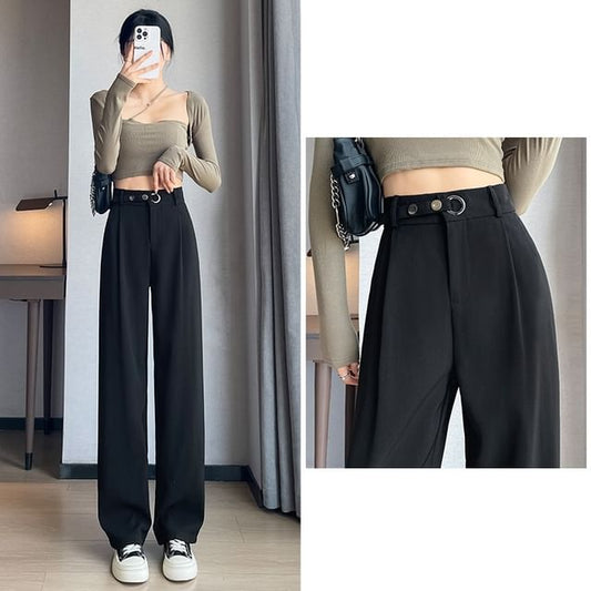 Waist Detail High Waist Straight Leg Slacks SpreePicky