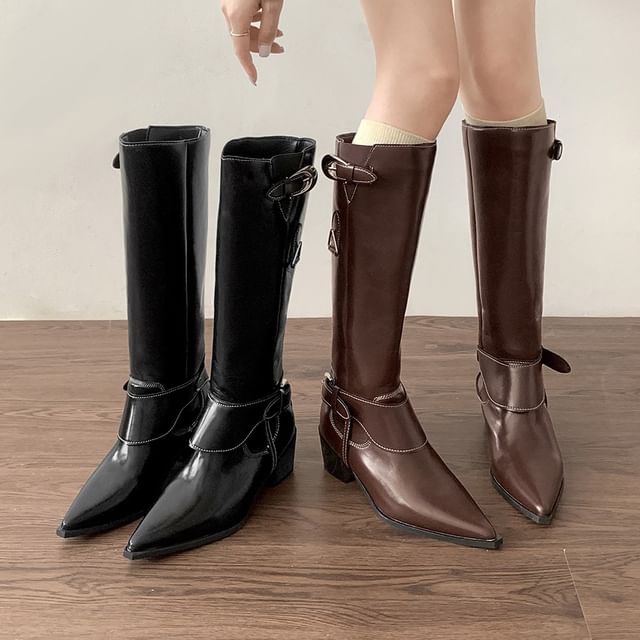 Pointed Toe Buckled Panel Knee High Boots mySite