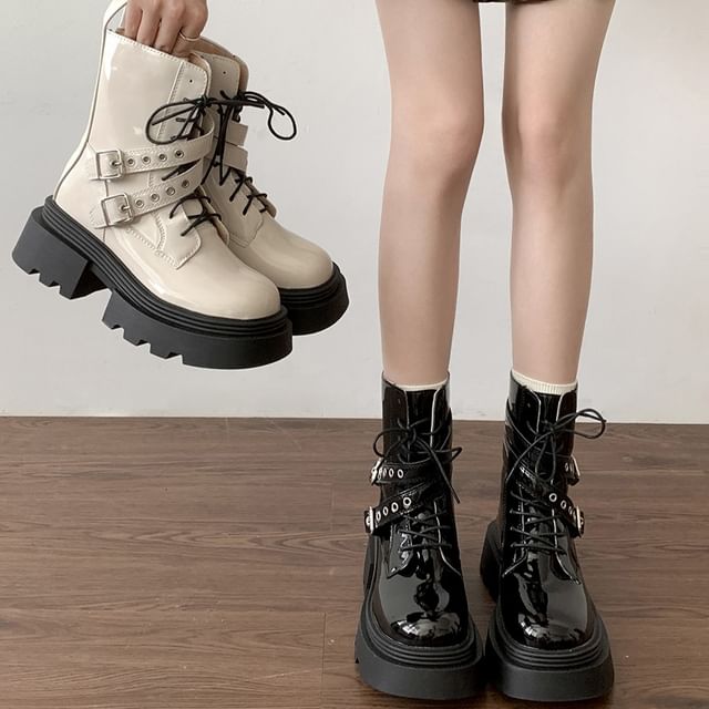 Platform Buckled Patent Leather Lace Up Short Boots mySite