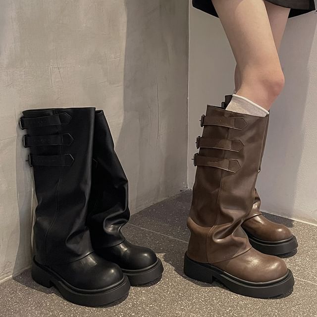 Platform Buckled Panel Knee High Boots mySite