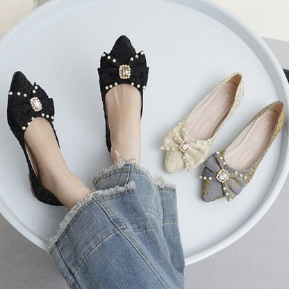 Pointed Toe Rhinestone Faux Pearl Bow Flats SpreePicky