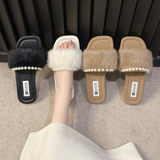 Fluffy Faux Pearl Slide Sandals mySite