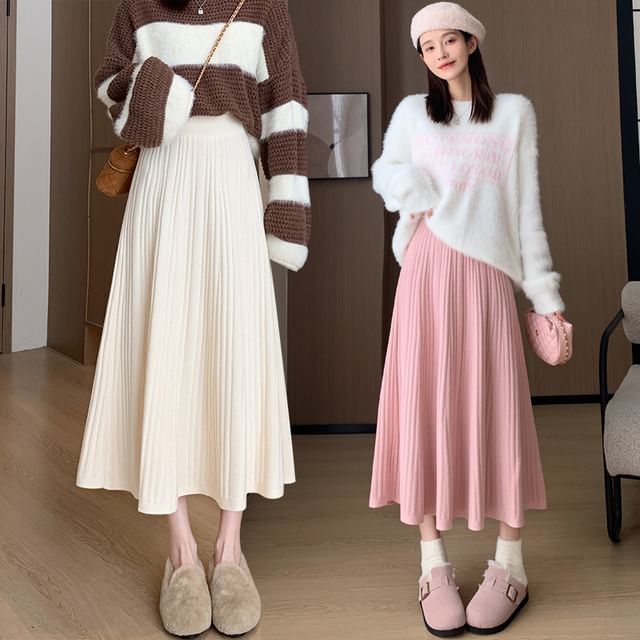 High Rise Plain Ribbed Knit Midi A-Line Skirt SpreePicky