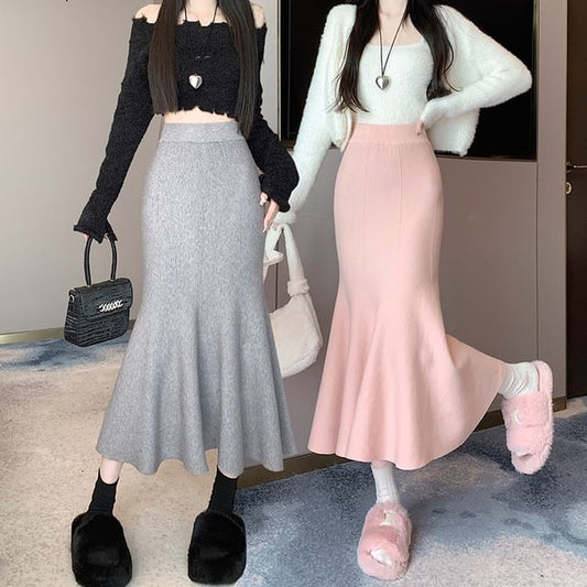 High Rise Plain Knit Midi Fishtail Skirt SpreePicky