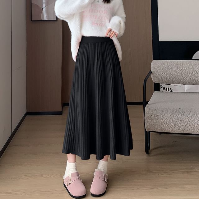 High Rise Plain Ribbed Knit Midi A-Line Skirt SpreePicky