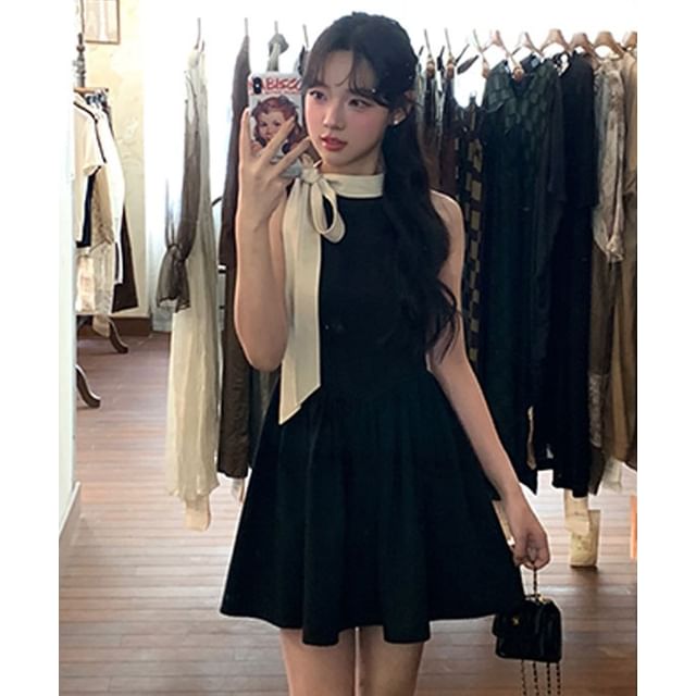 Sleeveless Bow Mini A-Line Dress SpreePicky