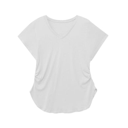 Short-Sleeve V-Neck Plain Ruched Tee SpreePicky