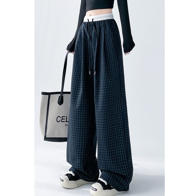 Plaid Panel High Waist Drawstring Wide Leg Pants SpreePicky