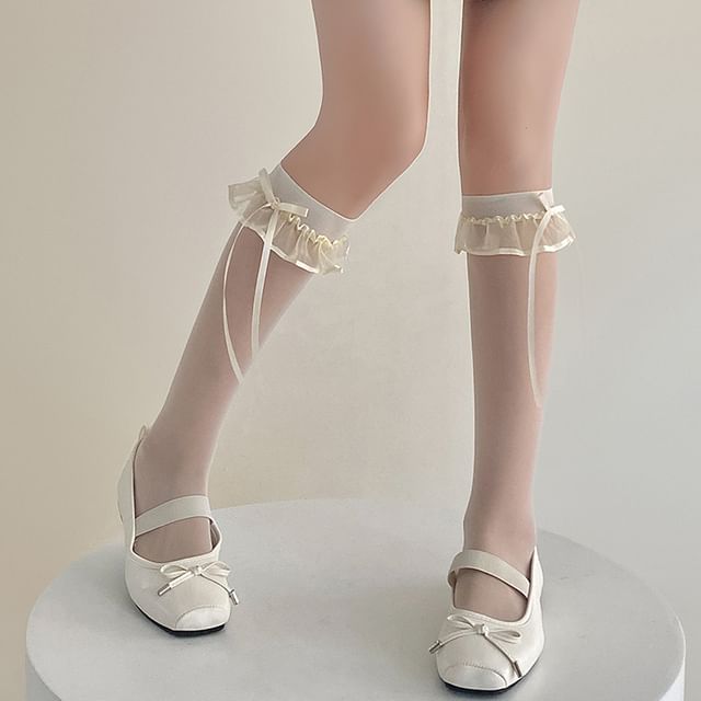 Bow Ruffle Trim Sheer Knee High Socks SpreePicky