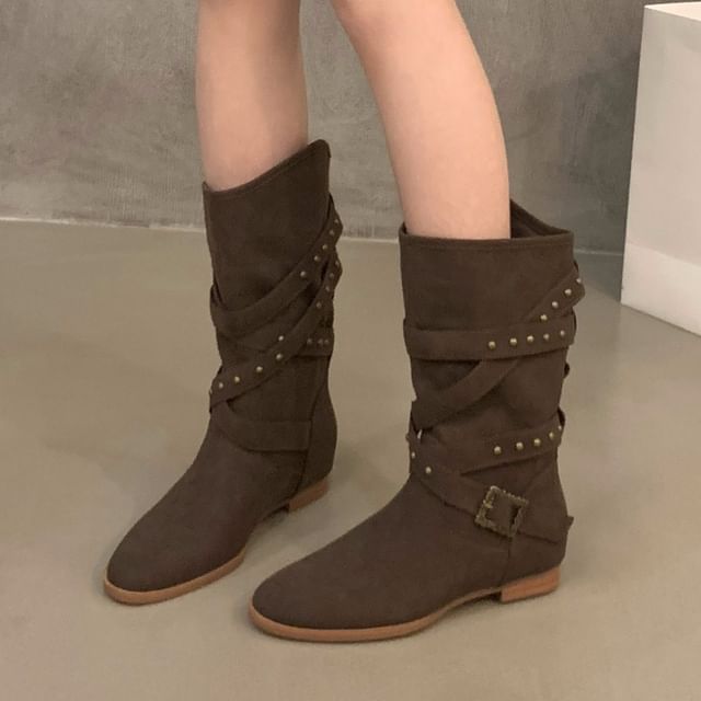 Plain Buckled Mid-Calf Boots SpreePicky