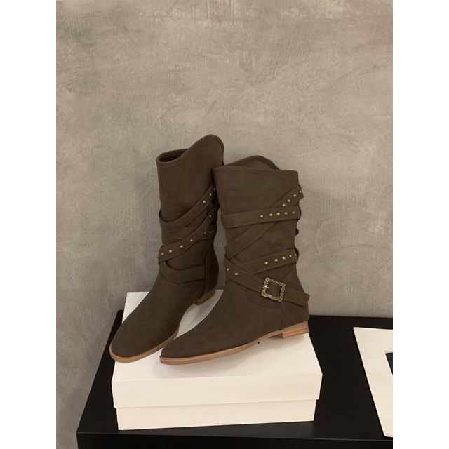 Plain Buckled Mid-Calf Boots SpreePicky