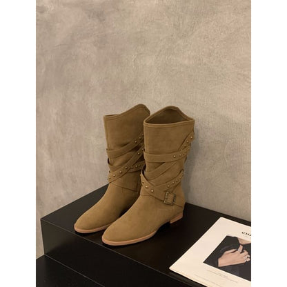 Plain Buckled Mid-Calf Boots SpreePicky