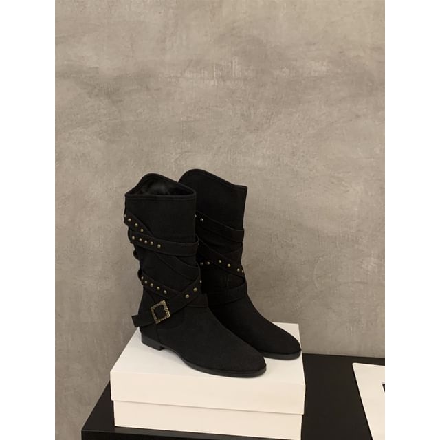 Plain Buckled Mid-Calf Boots SpreePicky