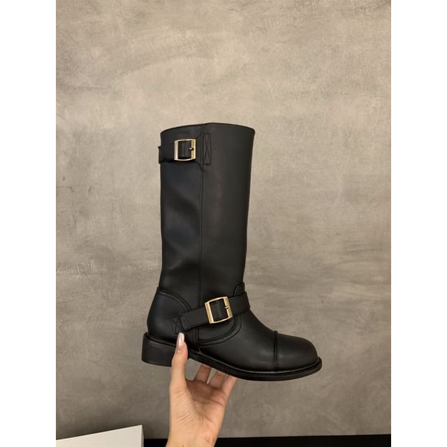 Plain Buckled Mid-Calf Boots SpreePicky